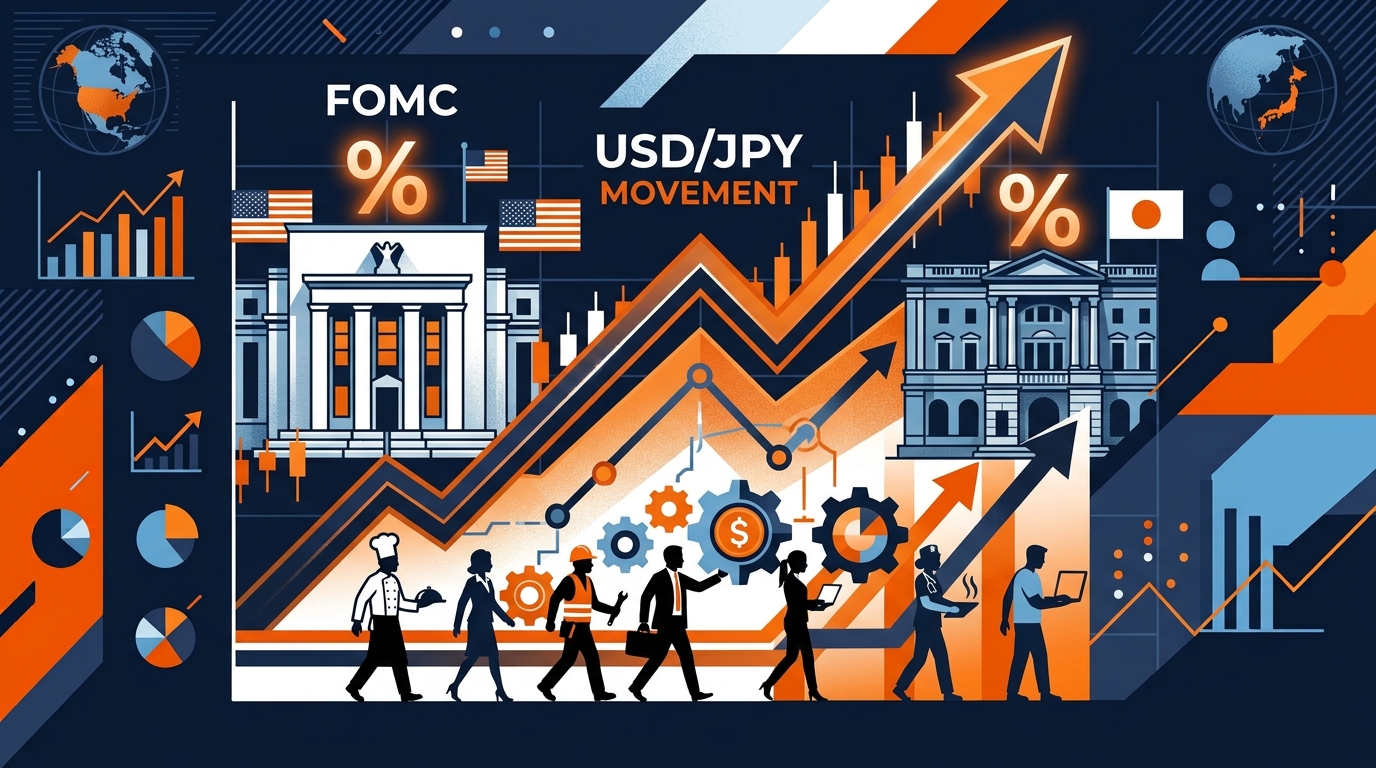 FOMCと日銀会合の政策金利とドル円の動きを、米国と日本の中央銀行の建物、上向きの矢印で表したイメージ