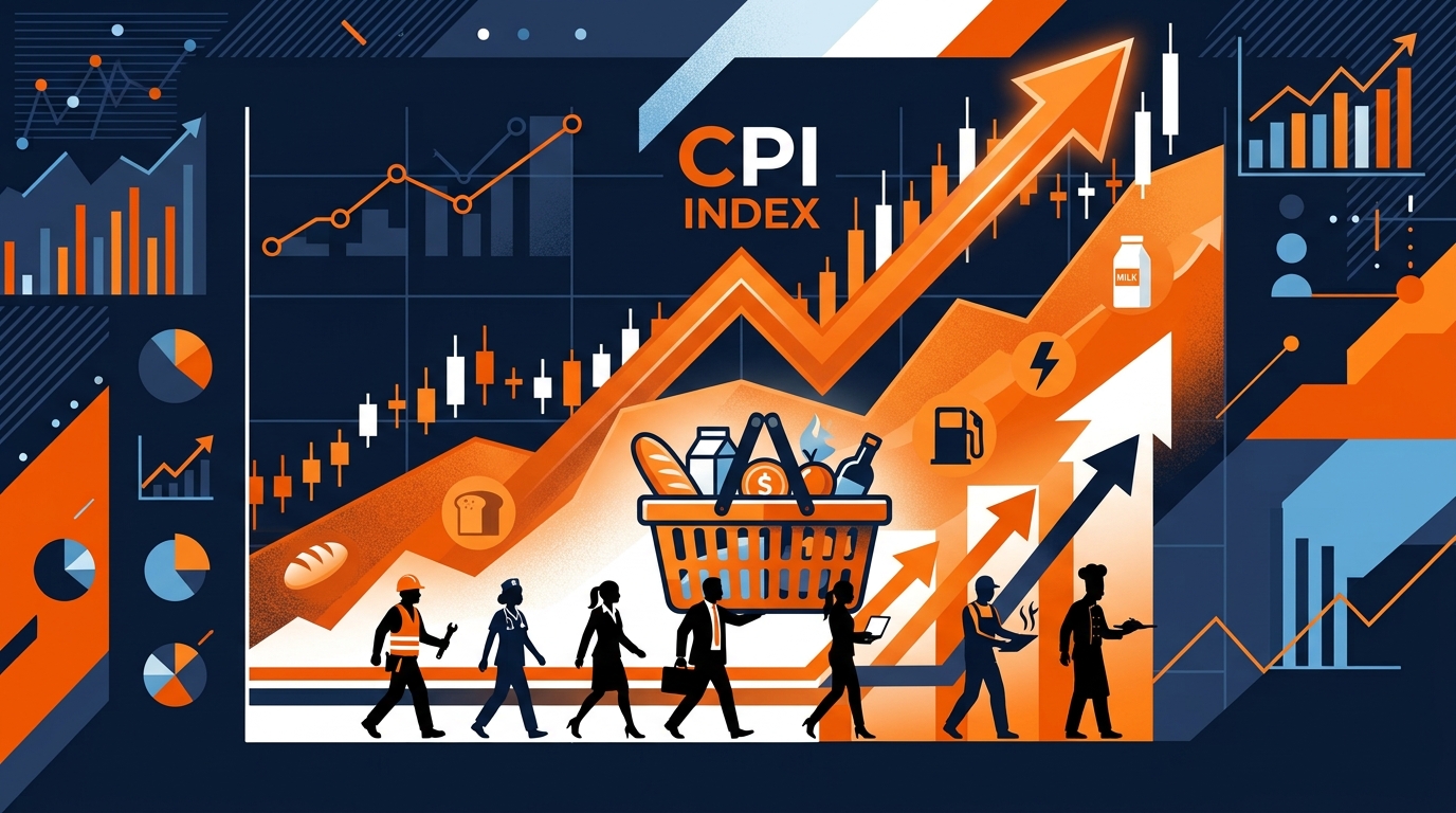米CPI(消費者物価指数)の上昇を、買い物かごと上向きの矢印、ローソク足で表したイメージ
