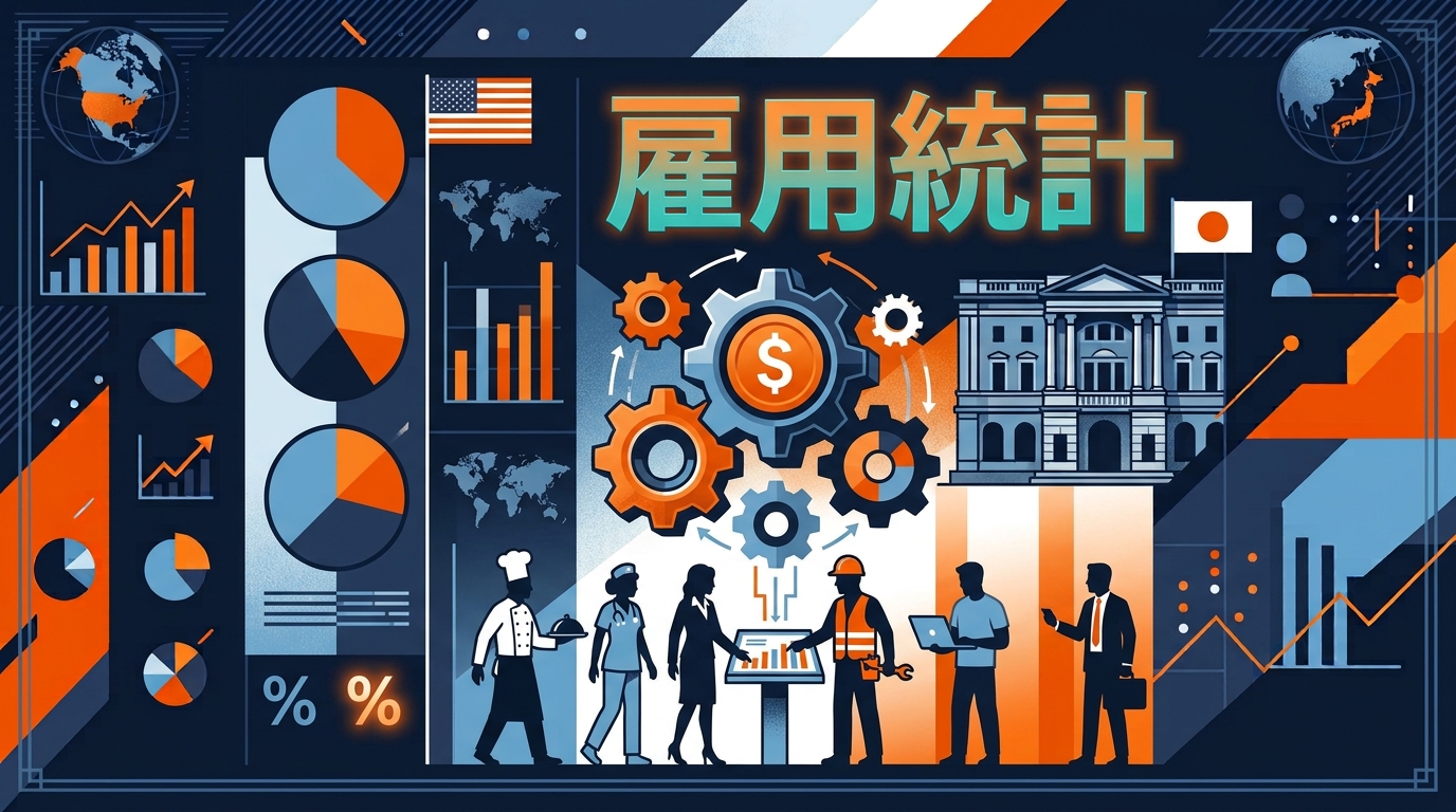 米雇用統計を、働く様々な職業の人々と、歯車、グラフで表した図